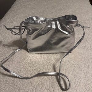Lucia Italian Leather Metallic Silver Clutch, New, Mark & Graham